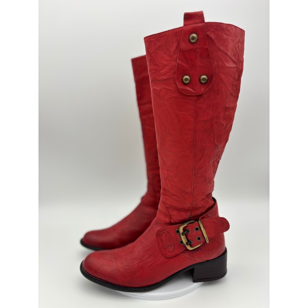 TALL RED RIDING BOOT Shoe Knee High Brass Buckle Western Cowgirl Women's